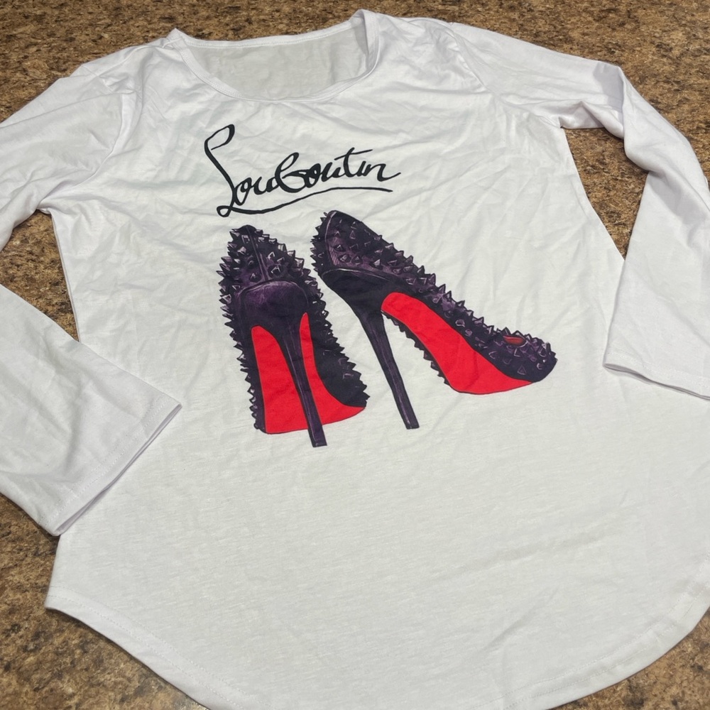 Designer Inspired White Long Sleeve Shirt with Red Bottom Black Heels Print XXL